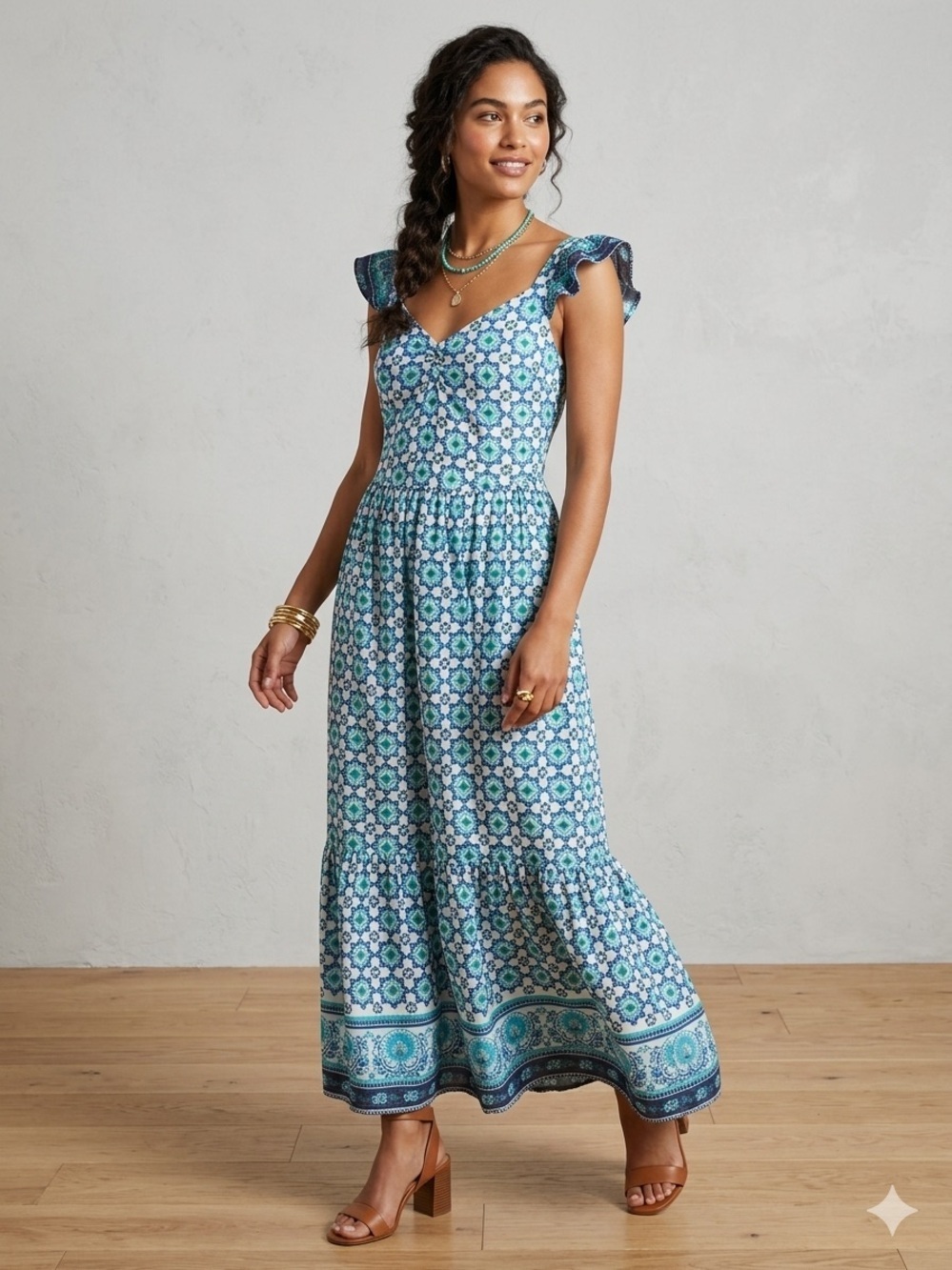 Lucky Brand Blue Green Tile Print Maxi Dress Smocked Waist Flutter Sleeve SMALL